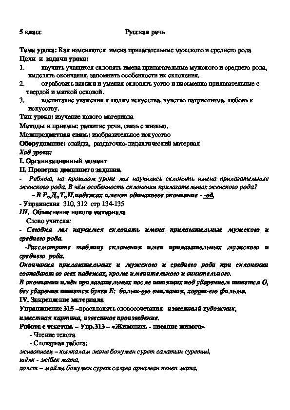 Урок по русскому языку "Как изменяются  прилагательные мужского и среднего рода" (5 класс)