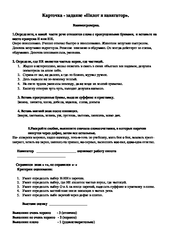 Русский язык 10 класс Карточка - задание «Пилот и навигатор».