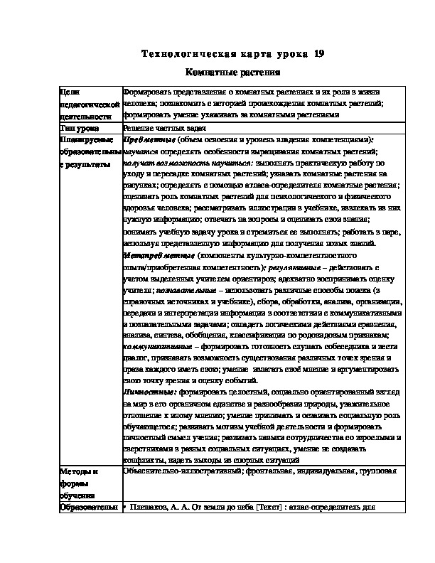 Конспект урока по окружающему миру "Комнатные растения"