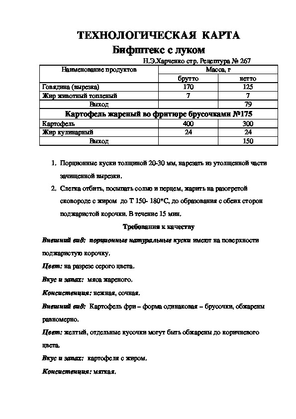 Технологическая карта полуфабрикат бифштекс рубленный