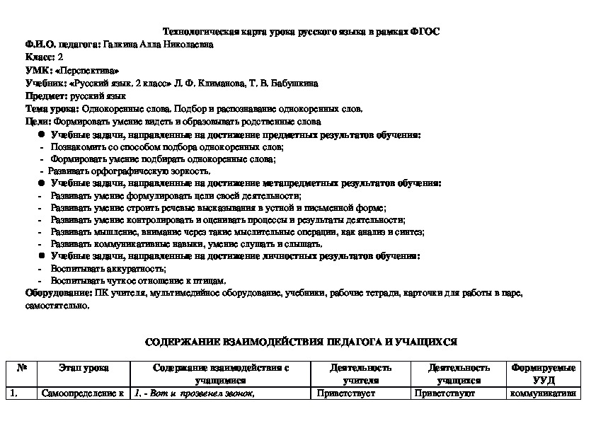 Тех карта урока по русскому языку 2 класс