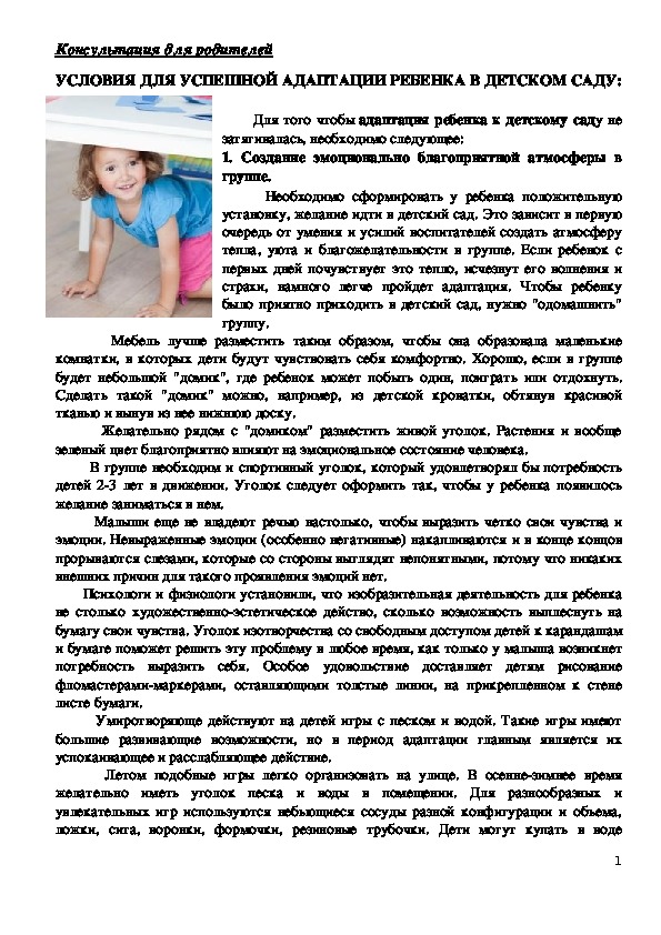 Обложка для материала Консультация для родителей - Условия для успешной адаптации ребенка в детском саду.