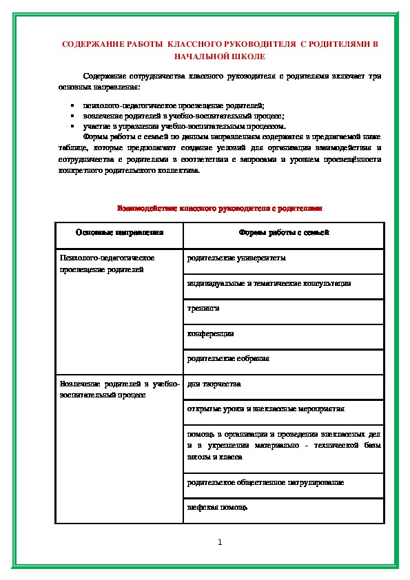 СОДЕРЖАНИЕ (ПЛАН) РАБОТЫ КЛАССНОГО РУКОВОДИТЕЛЯ С РОДИТЕЛЯМИ В