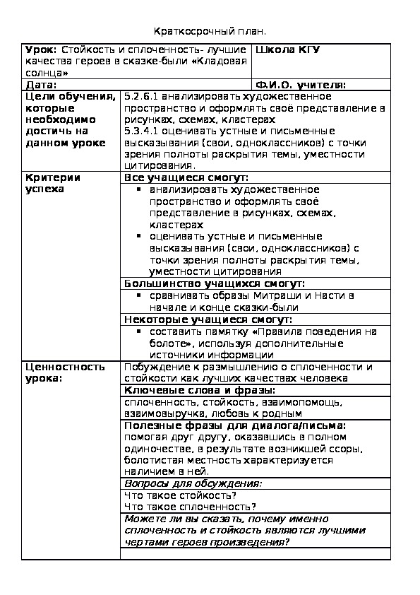 Урок: Стойкость и сплоченность- лучшие качества героев в сказке-были «Кладовая солнца»