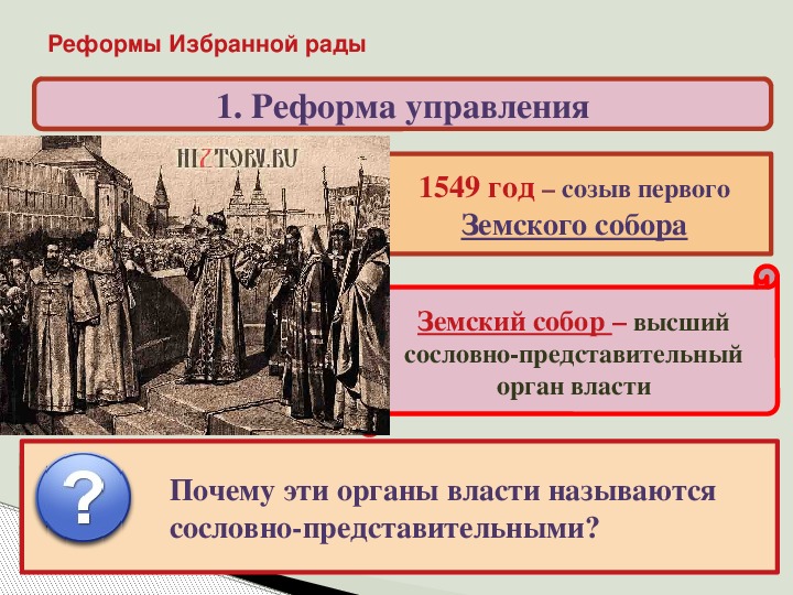 Реформы избранной рады участники впр 7. 1549 Созыв первого земского собора. Созыв первого земского собора избранная рада.