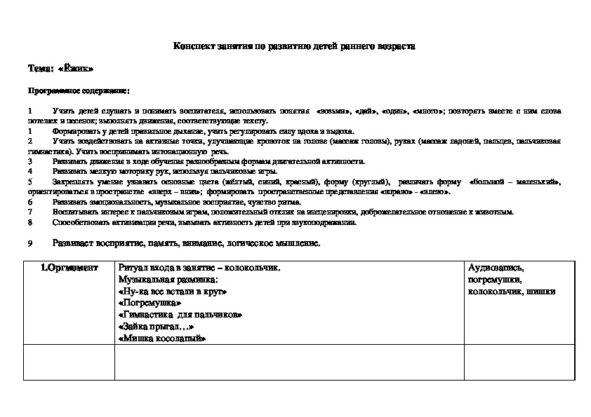 Конспект занятия по развитию детей раннего возраста