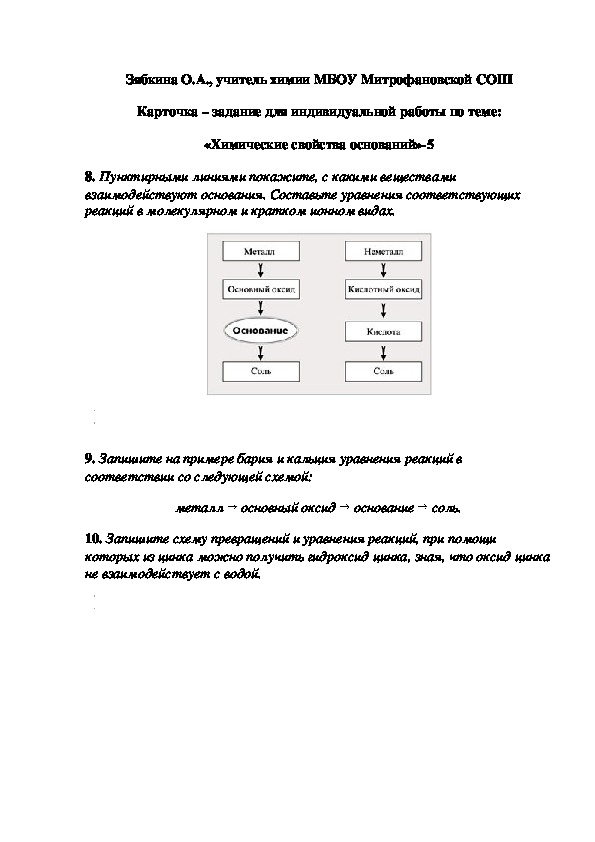Обложка для материала Карточка – задание для индивидуальной работы по теме: «Химические свойства оснований»-5