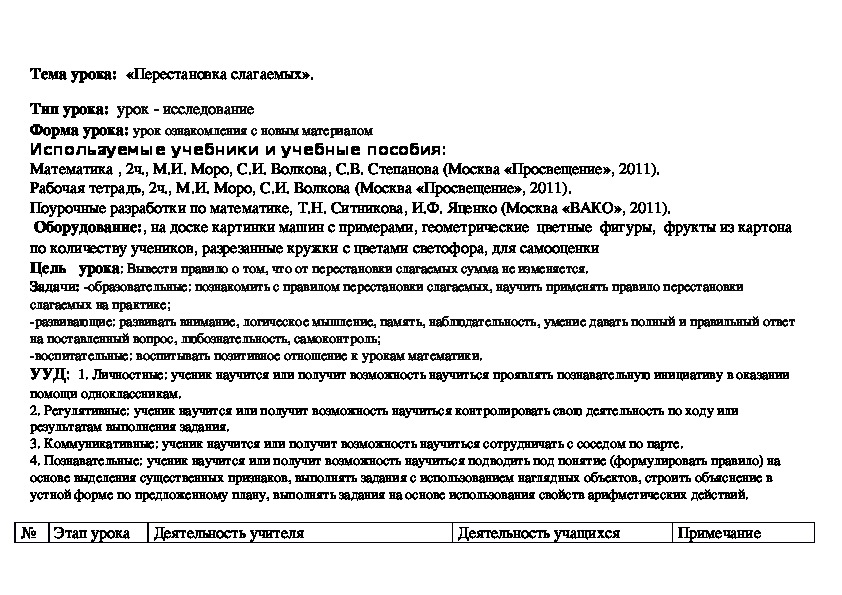 Тема урока:  «Перестановка слагаемых».