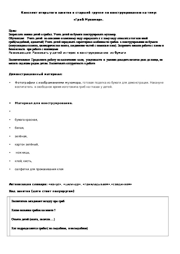 Конспект открытого занятия в старшей группе по конструированию на тему:  «Гриб Мухомор».