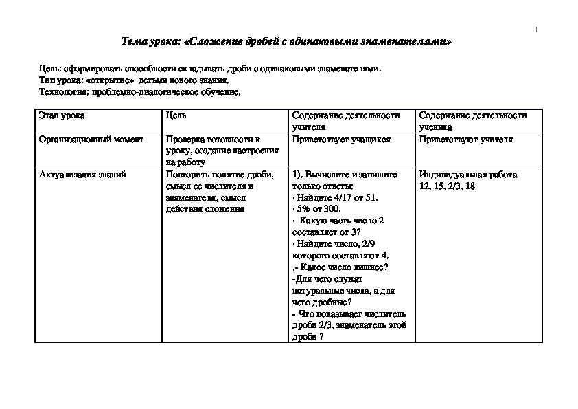 Тема урока: «Сложение дробей с одинаковыми знаменателями»