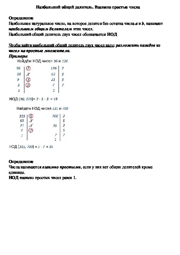 Опорный конспект по математике по теме «Наибольший общий делитель. Взаимно простые числа» (6 класс)