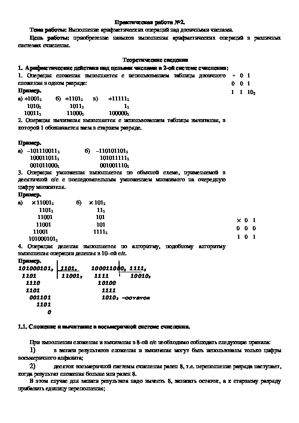 Методические рекомендации по выполнению практической работы "Выполнение арифметических операций над двоичными числами"