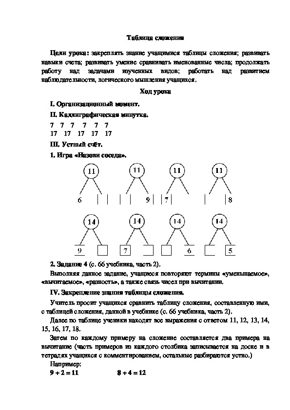 План конспект урока таблица сложения 1 класс