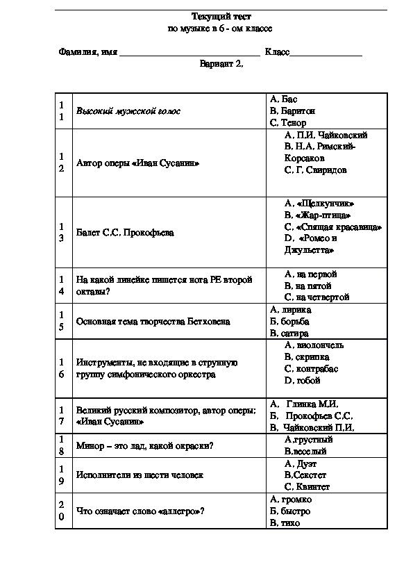 Работы по музыке 6 класс. Тест по Музыке 6 класс. Контрольная работа по Музыке 6 класс.