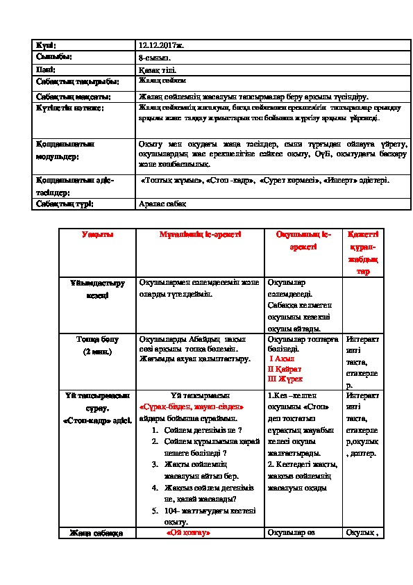 Разработки уроков на казакском языку на тему Жалаң сөйлем (8-сынып)