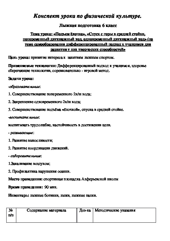 План конспект урока по физической культуре 8 класс лыжи