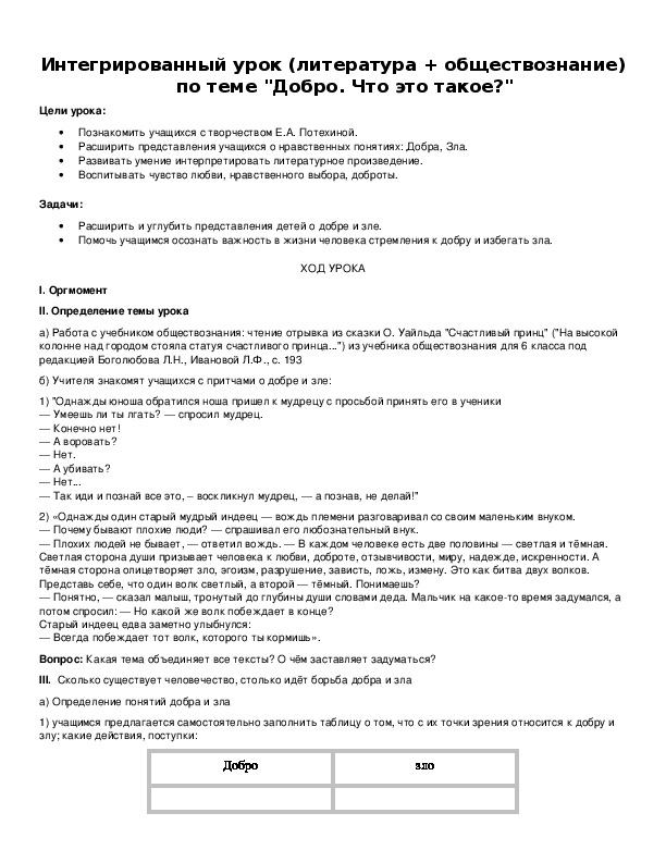 Обложка для материала Интегрированный урок (литература + обществознание) по теме "Добро. Что это такое?"