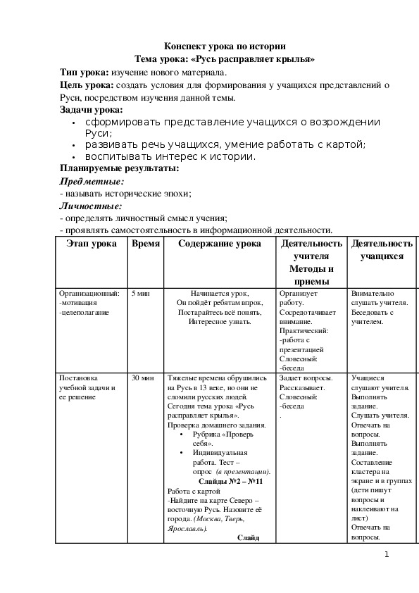 Обложка для материала Конспект урока на тему"Русь расправляет крылья" (УМК"ПНШ"4 класс)
