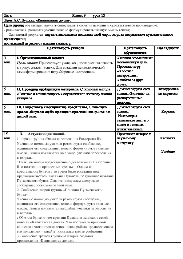 Русская литература 9 класс (казахский язык обучения )Тема:А.С. Пушкин. «Капитанская дочка». Историческая основа