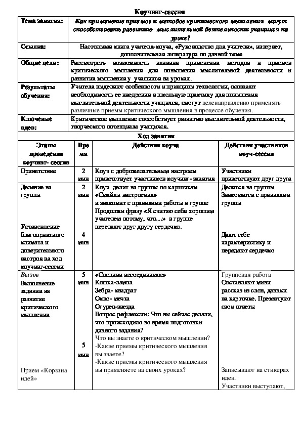 Обложка для материала коучинг "«Как применение приемов и методов критического мышления  могут способствовать развитию  мыслительной деятельности учащихся на уроке?»"