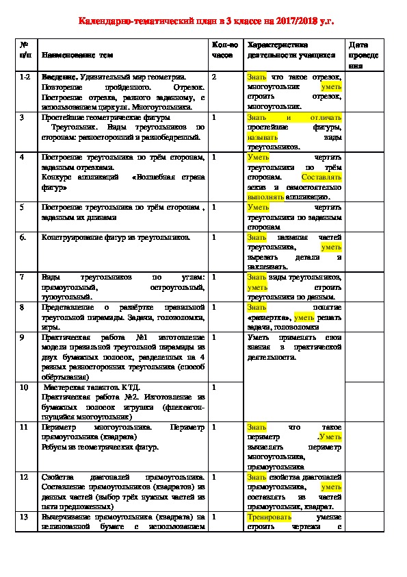 Рабочая программа по математике и конструированию в 3 классе