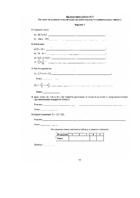 Проверочная работа на тему Сложение и вычитание чисел с разными знаками
