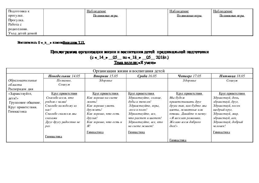 Циклограмма предшкольная группа