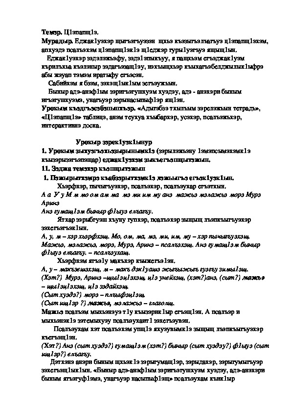 Конспект урока по кабардинскому языку по теме "Ц1эпапщ1э"  (3 класс)