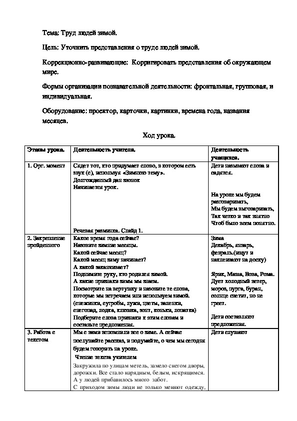 Обложка для материала Конспект урока по развитию речи на тему "Труд людей зимой" (4 класс, по коррекционной программе).