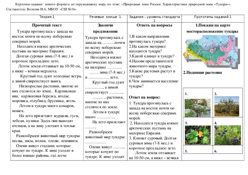 Карточки-задания  нового формата по окружающему миру по теме: «Природные зоны России. Характеристики природной зоны «Тундра»».