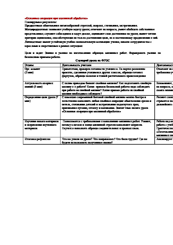 Урок по технологии 5 класс.«Основные операции при машинной обработке»