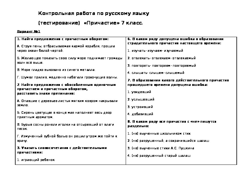 Контрольная работа по русскому языку  (тестирование)  «Причастие» 7 класс.