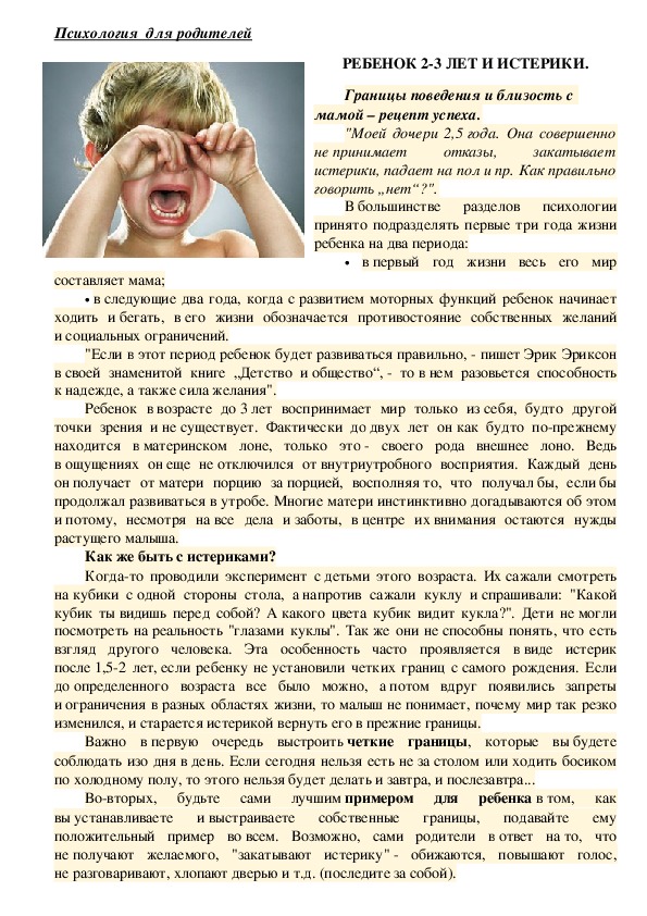 Обложка для материала Консультация для родителей -Ребенок 2-3 лет и истерики.