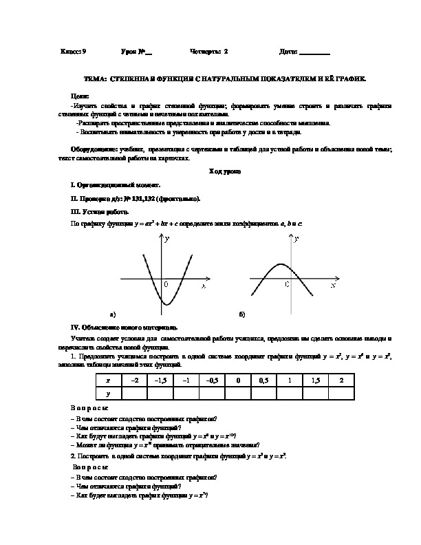 Конспект урока алгебры в 9 классе по теме "Степенная функция" (урок№1)