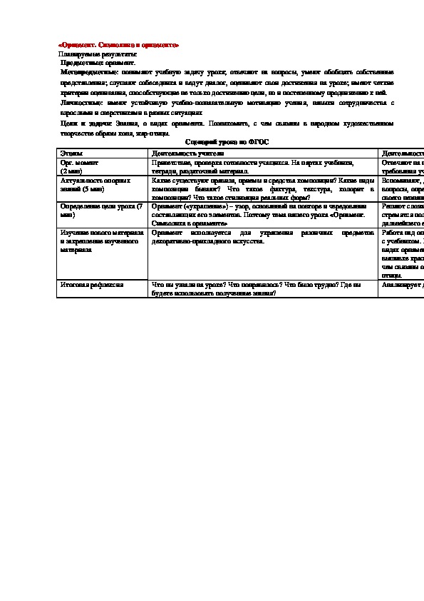 Урок по технологии 5 класс.«Орнамент. Символика в орнаменте»