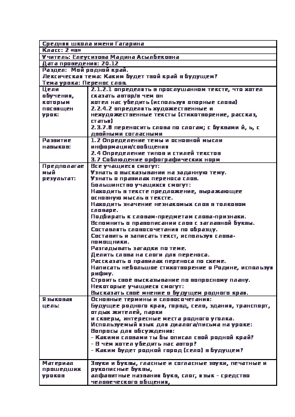 Конспект урока по русскому языку  по теме "Перенос слов", 2 класс