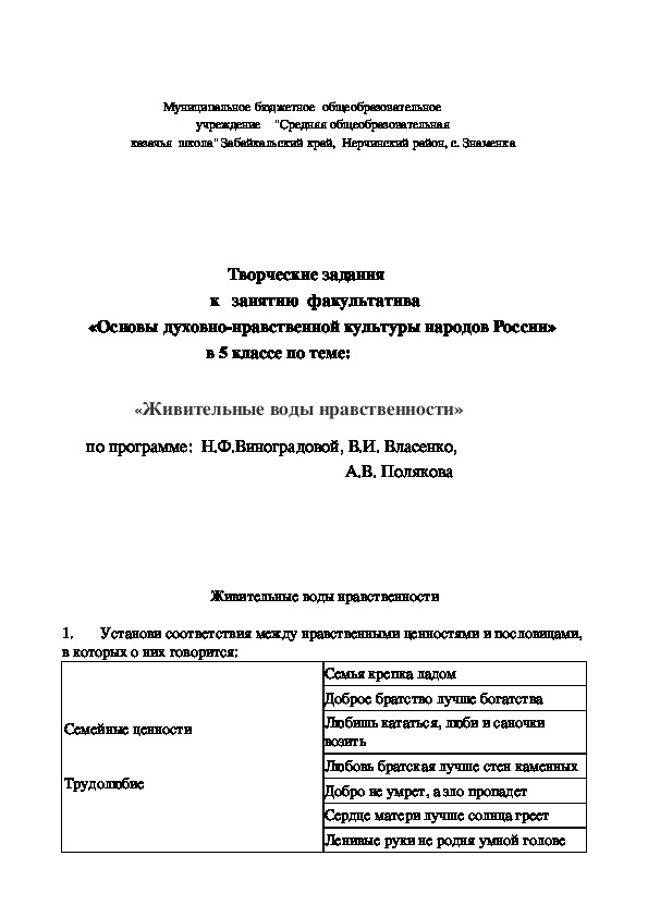 Обложка для материала Творческие задания к   занятию  факультатива«Основы духовно-нравственной культуры народов России»  в 5 классе по теме:   «Живительные воды нравственности»