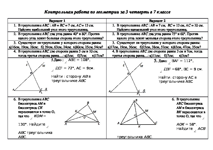 Спецификация контрольной работы по геометрии за 3 четверть в 7 классе