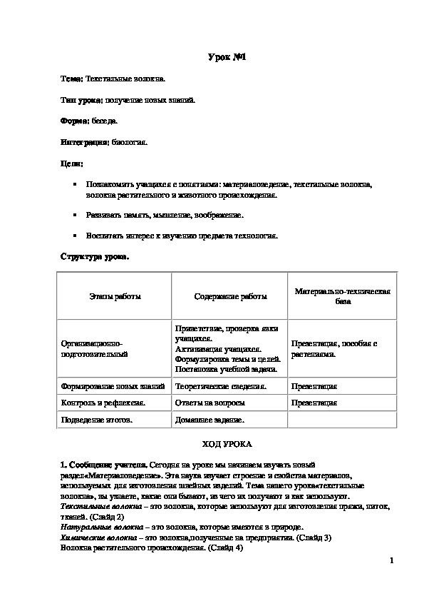 Обложка для материала Конспект урока "Текстильные волокна" 5 класс