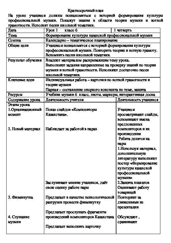 Обложка для материала Краткосрочное планирование 6 класс