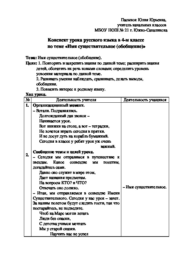 Конспект урока русского языка в 4-м классе по теме «Имя существительное (обобщение)»