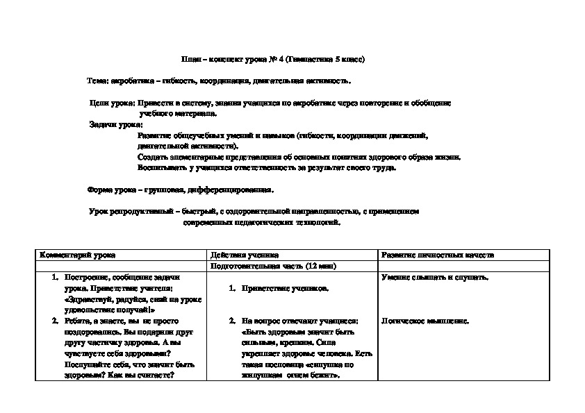 Технологическая карта по гимнастике 4 класс