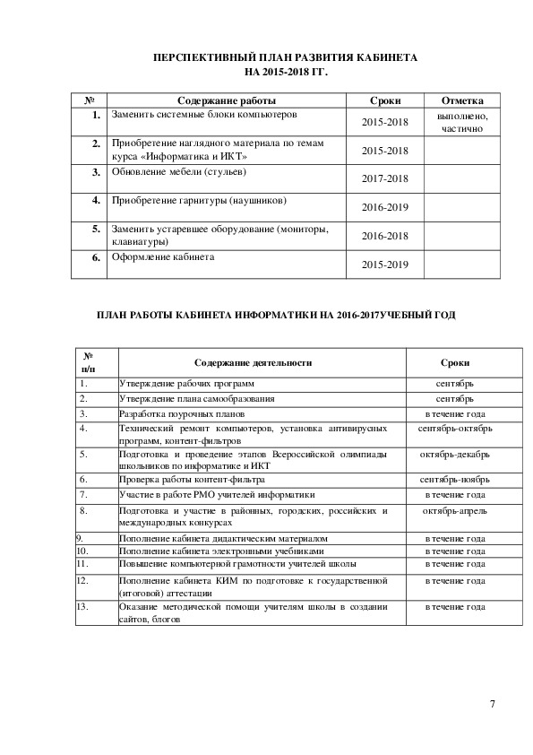 План работы учебного кабинета на учебный год