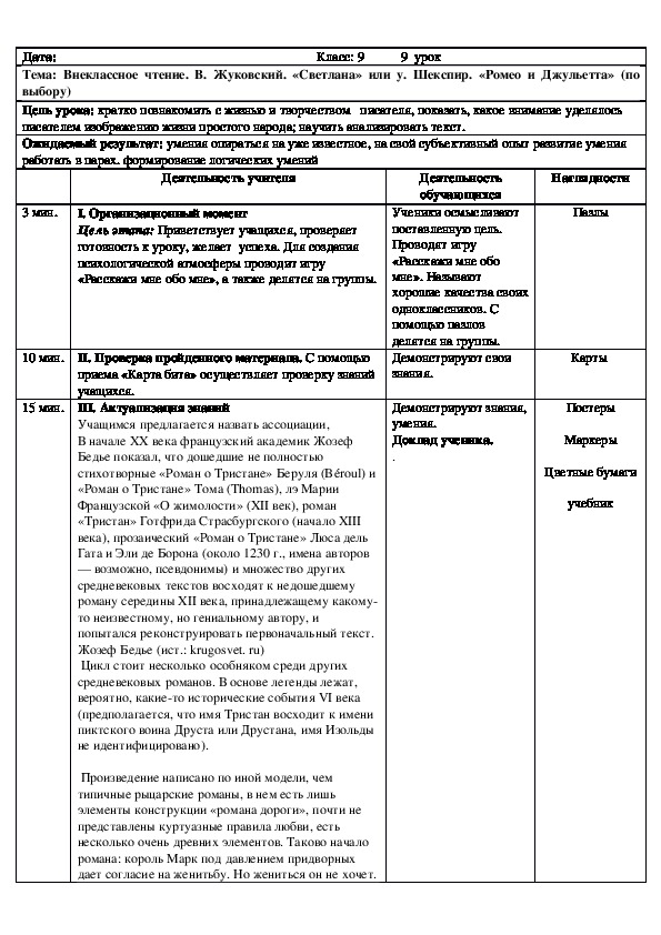 Русская литература 9 класс (казах язык обучения) Тема: "Внеклассное чтение. В. Жуковский или Шекспир.(по выбору)