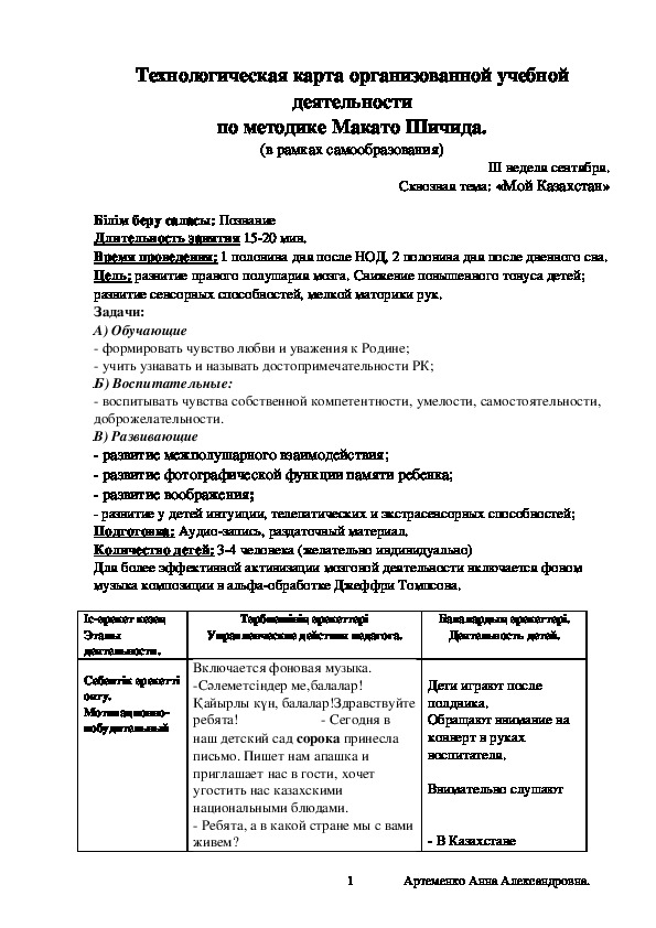 Технологическая карта организованной учебной деятельности по методике Макато Шичида. (в рамках самообразования)