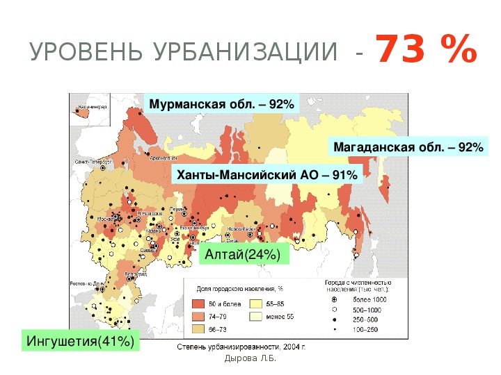 Классификация субъектов по доле городского населения. Самый низкий уровень урбанизации в России на карте. Уровень урбанизации в России карта. Города с высоким уровнем урбанизации в России на карте. Регионы России по степени урбанизации.