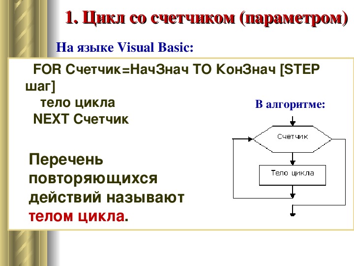 Ключевые слова циклов языка с. Структура цикл Бейсик. Цикл фор в Бейсике. Visual Basic цикл с параметром. Цикл ВБА блок схема.