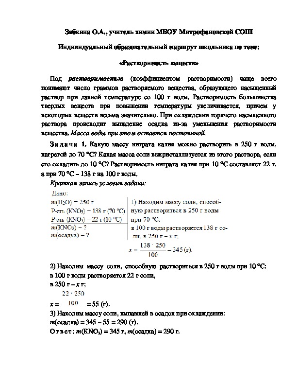Обложка для материала Индивидуальный образовательный маршрут школьника по теме: «Растворимость веществ»