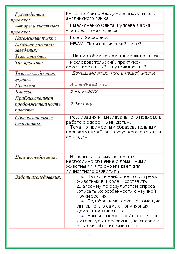 Проект " Домашние животные " (5 класс )