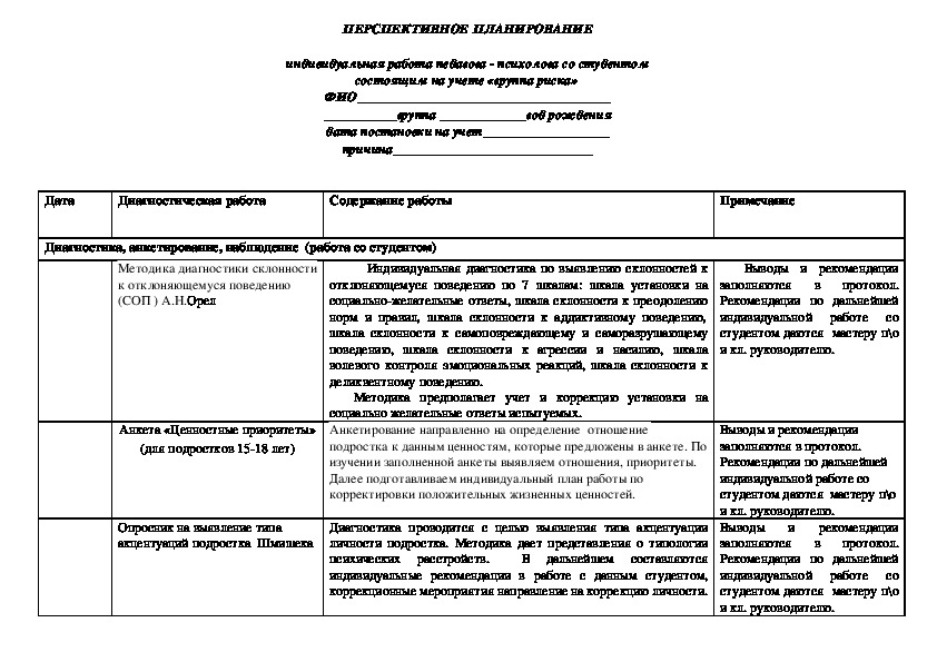 Индивидуальны план работы с несовершеннолетними. Индивидуальный план работы со студентом группы риска. Перспективный план психолога.